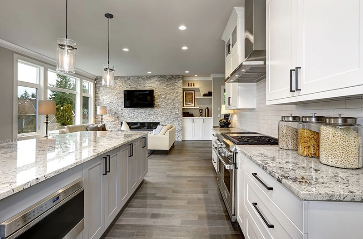 Modern L-Shaped Kitchen Design with Blue and White Finish